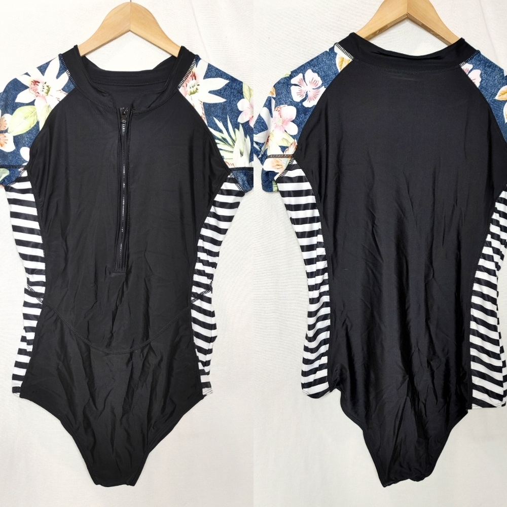 Aonihua Swim Bodysuit Short Sleeve Rash Guard Swimsuit Black White Floral XXL